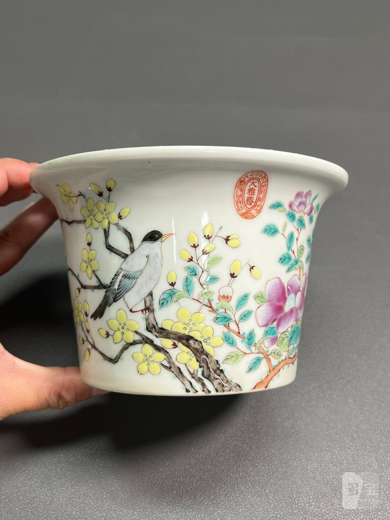 清光绪  “大雅斋”粉彩花鸟纹花盆 - 图5